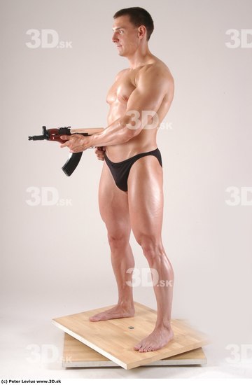 Whole Body Man Pose with machine rifle White Underwear Muscular