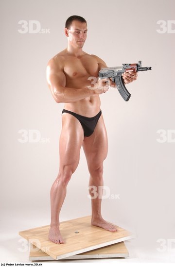 Whole Body Man Pose with machine rifle White Underwear Muscular