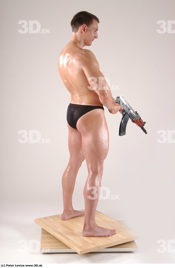 Whole Body Man Pose with machine rifle White Underwear Muscular