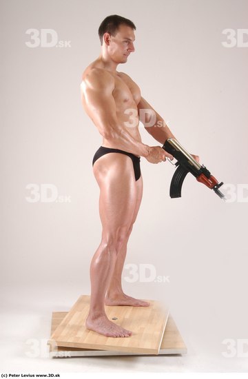 Whole Body Man Pose with machine rifle White Underwear Muscular