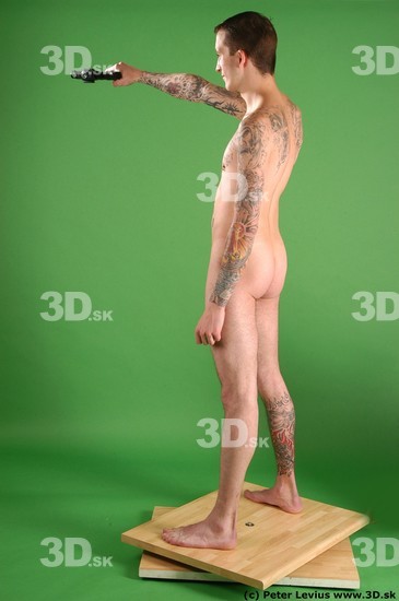 Whole Body Man Pose with pistol White Tattoo Nude Underweight Male Studio Poses