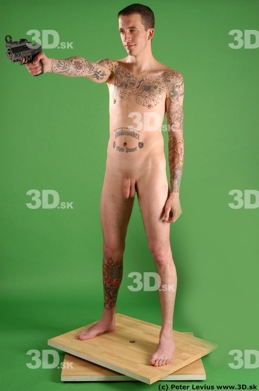 Whole Body Man Pose with pistol White Tattoo Nude Underweight Male Studio Poses