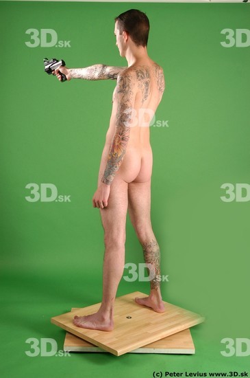 Whole Body Man Pose with pistol White Tattoo Nude Underweight Male Studio Poses