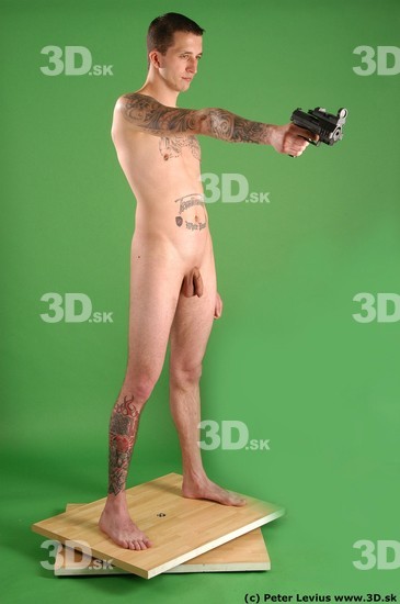 Whole Body Man Pose with pistol White Tattoo Nude Underweight Male Studio Poses