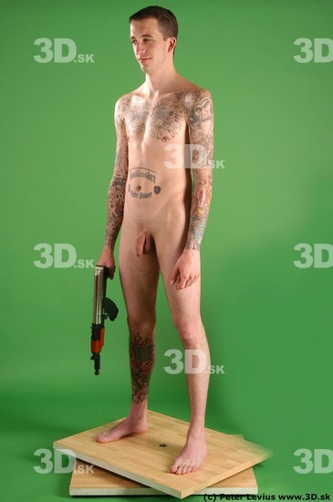 Whole Body Man Pose with pistol White Tattoo Nude Underweight Male Studio Poses