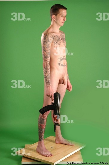 Whole Body Man Pose with pistol White Tattoo Nude Underweight Male Studio Poses