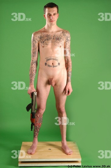 Whole Body Man Pose with pistol White Tattoo Nude Underweight Male Studio Poses