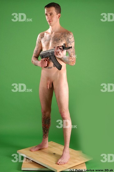 Whole Body Man Pose with pistol White Tattoo Nude Underweight Male Studio Poses