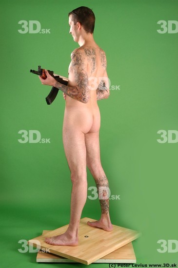 Whole Body Man Pose with pistol White Tattoo Nude Underweight Male Studio Poses