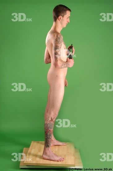 Whole Body Man Pose with pistol White Tattoo Nude Underweight Male Studio Poses