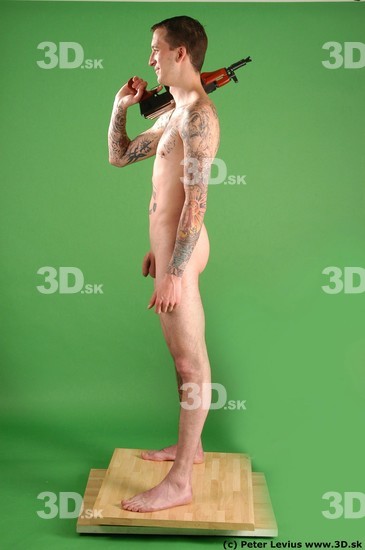 Whole Body Man Pose with pistol White Tattoo Nude Underweight Male Studio Poses