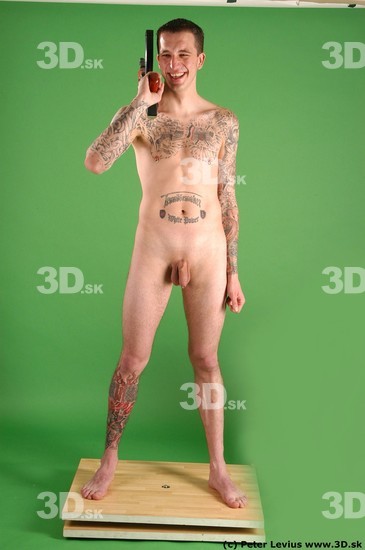 Whole Body Man Pose with pistol White Tattoo Nude Underweight Male Studio Poses