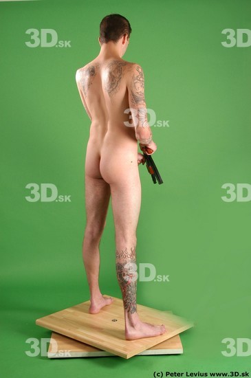 Whole Body Man Pose with pistol White Tattoo Nude Underweight Male Studio Poses