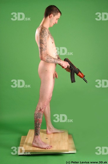 Whole Body Man Pose with pistol White Tattoo Nude Underweight Male Studio Poses