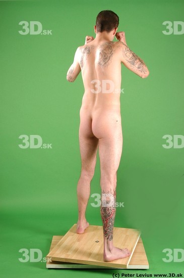 Whole Body Man Pose with pistol White Tattoo Nude Underweight Male Studio Poses