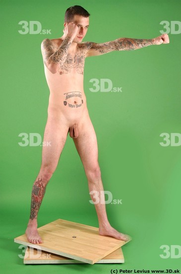 Whole Body Man Pose with pistol White Tattoo Nude Underweight Male Studio Poses