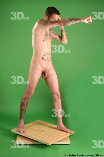 Whole Body Man Pose with pistol White Tattoo Nude Underweight Male Studio Poses