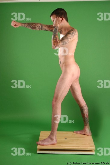 Whole Body Man Pose with pistol White Tattoo Nude Underweight Male Studio Poses