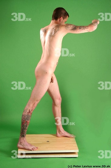 Whole Body Man Pose with pistol White Tattoo Nude Underweight Male Studio Poses