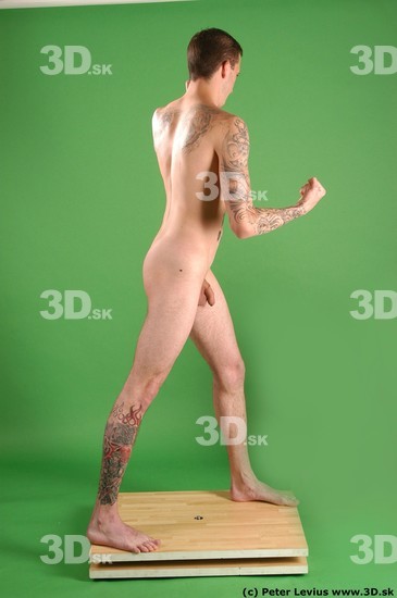 Whole Body Man Pose with pistol White Tattoo Nude Underweight Male Studio Poses