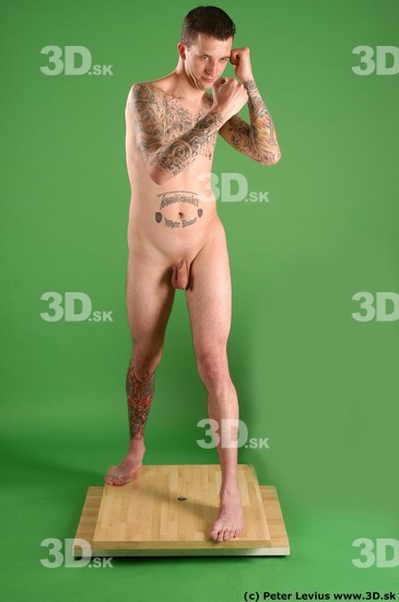 Whole Body Man Pose with pistol White Tattoo Nude Underweight Male Studio Poses