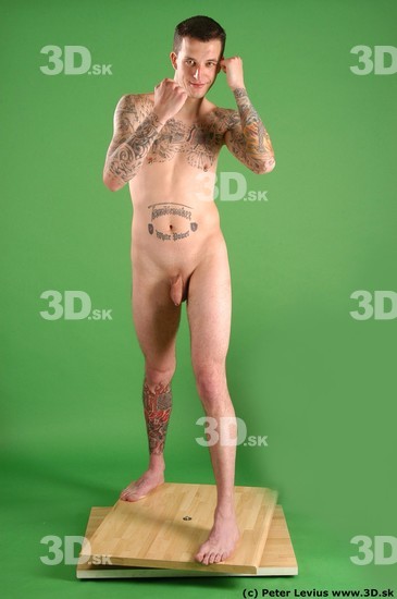 Whole Body Man Pose with pistol White Tattoo Nude Underweight Male Studio Poses