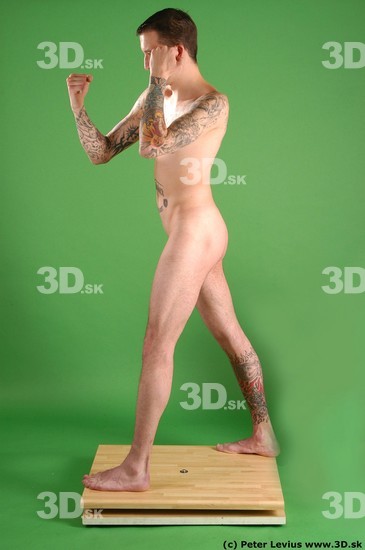 Whole Body Man Pose with pistol White Tattoo Nude Underweight Male Studio Poses