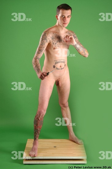 Whole Body Man Pose with pistol White Tattoo Nude Underweight Male Studio Poses