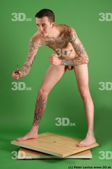 Whole Body Man Pose with pistol White Tattoo Nude Underweight Male Studio Poses