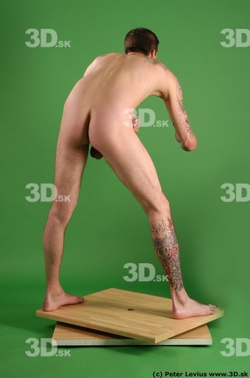 Whole Body Man Pose with pistol White Tattoo Nude Underweight Male Studio Poses