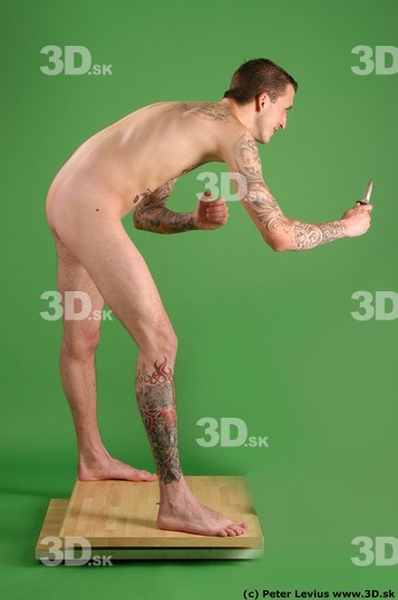 Whole Body Man Pose with pistol White Tattoo Nude Underweight Male Studio Poses