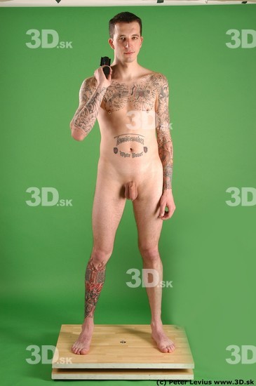 Whole Body Man Pose with pistol White Tattoo Nude Underweight Male Studio Poses