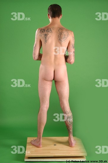 Whole Body Man Pose with pistol White Tattoo Nude Underweight Male Studio Poses