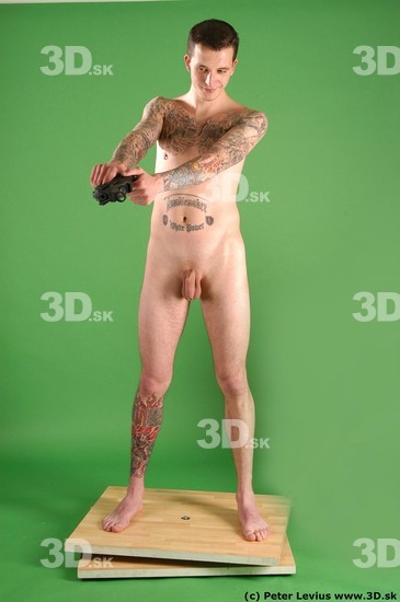 Whole Body Man Pose with pistol White Tattoo Nude Underweight Male Studio Poses