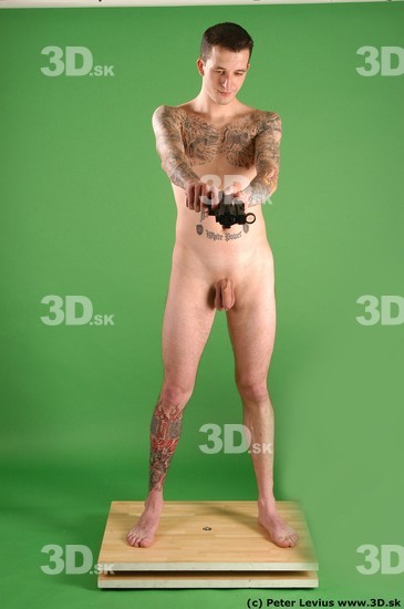 Whole Body Man Pose with pistol White Tattoo Nude Underweight Male Studio Poses