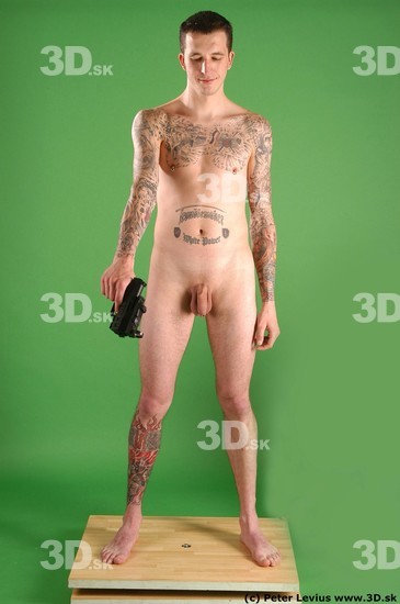 Whole Body Man Pose with pistol White Tattoo Nude Underweight Male Studio Poses