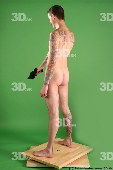 Whole Body Man Pose with pistol White Tattoo Nude Underweight Male Studio Poses