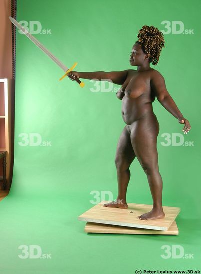 Whole Body Woman Pose with sword Black Nude Slim Chubby Walking Studio photo references