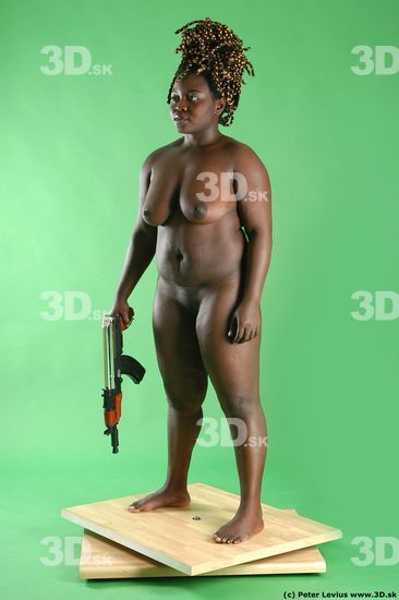 Whole Body Woman Pose with machine rifle Pose with sword Black Nude Slim Chubby Walking Studio photo references