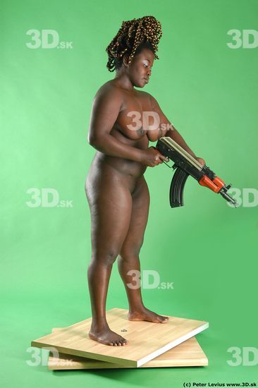 Whole Body Woman Pose with machine rifle Pose with sword Black Nude Slim Chubby Walking Studio photo references