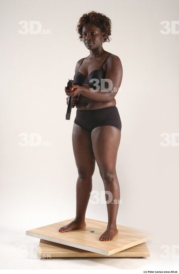 Whole Body Woman Pose with machine rifle Black Underwear Chubby