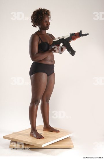 Whole Body Woman Pose with machine rifle Black Underwear Chubby