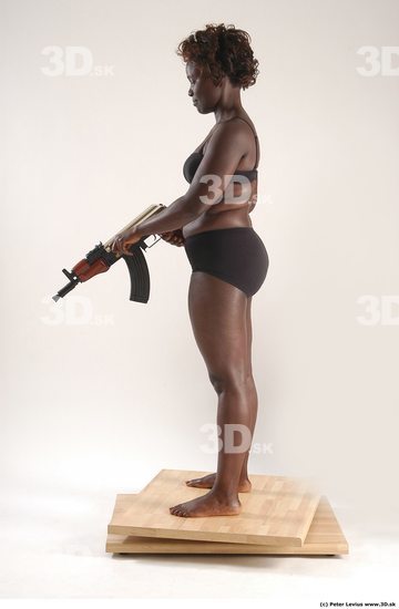 Whole Body Woman Pose with machine rifle Black Underwear Chubby