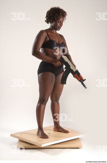 Whole Body Woman Pose with machine rifle Black Underwear Chubby