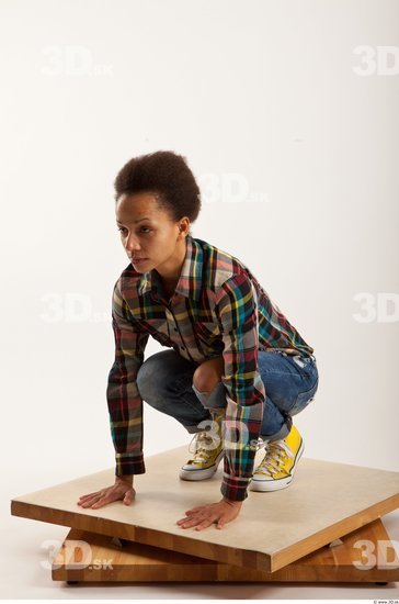 Man Woman Black Hairy Casual Slim Kneeling Studio photo references