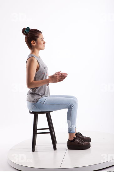 Sitting photo references of Molly blue jeans womna singlet