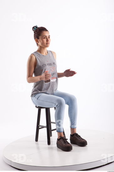 Sitting photo references of Molly blue jeans womna singlet