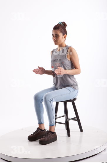 Sitting photo references of Molly blue jeans womna singlet