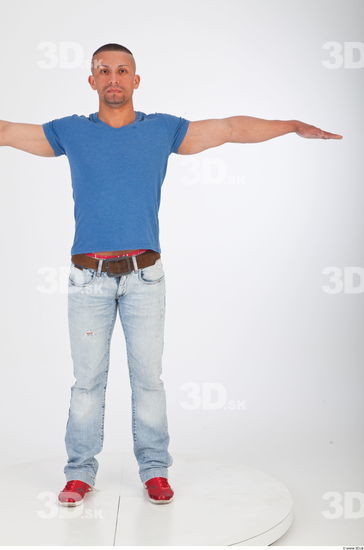 Whole body blue tshirt jeans modeling photo reference of Regelio