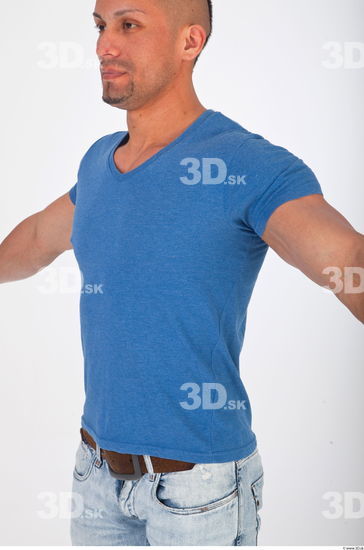 Upper body blue tshirt photo reference of Regelio